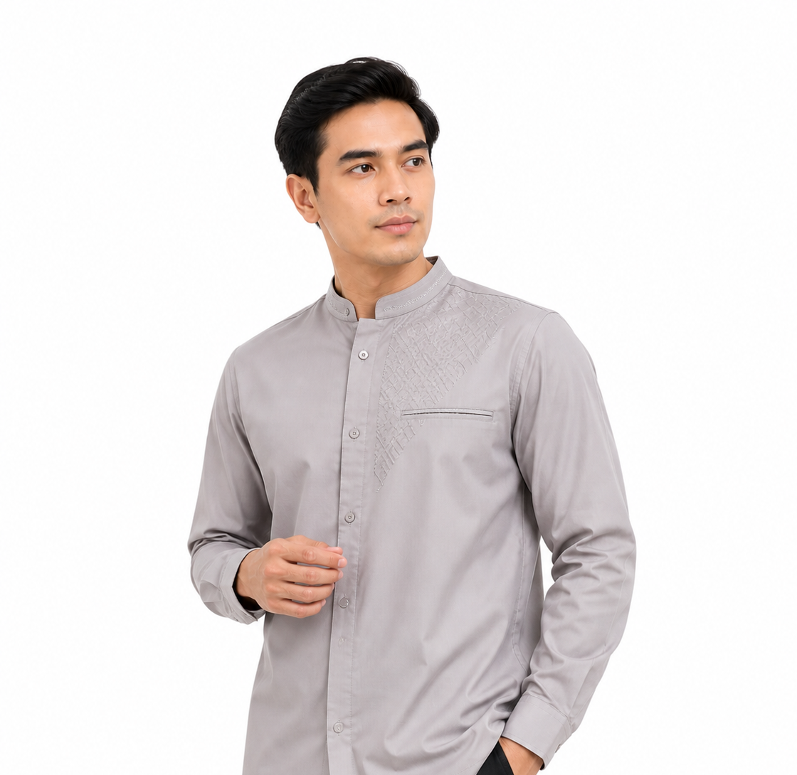 Baju koko pria lengan panjang bahan katun toyobo abu-abu motif bordir minimalis.