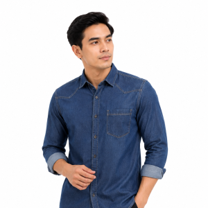 Kemeja denim pria lengan panjang warna biru tua gaya western premium.