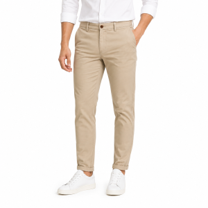 Celana chino pria slim fit warna khaki bahan katun twill stretch premium.