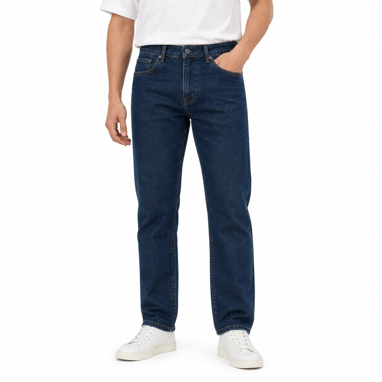 Celana jeans pria straight leg biru klasik bahan denim premium tahan lama.