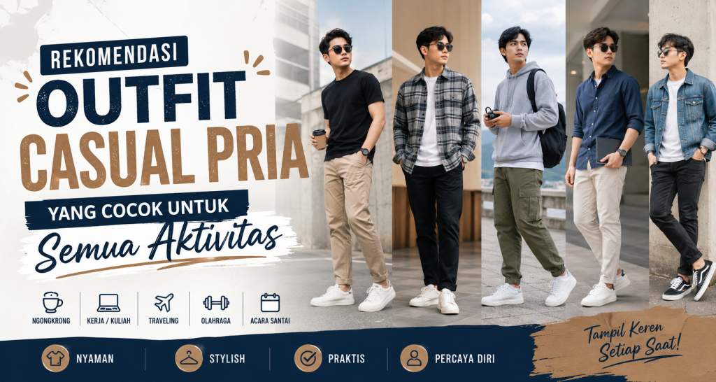 Pria menggunakan berbagai outfit casual modern seperti kaos polos, hoodie, kemeja flannel, dan jaket denim yang cocok untuk aktivitas sehari-hari.