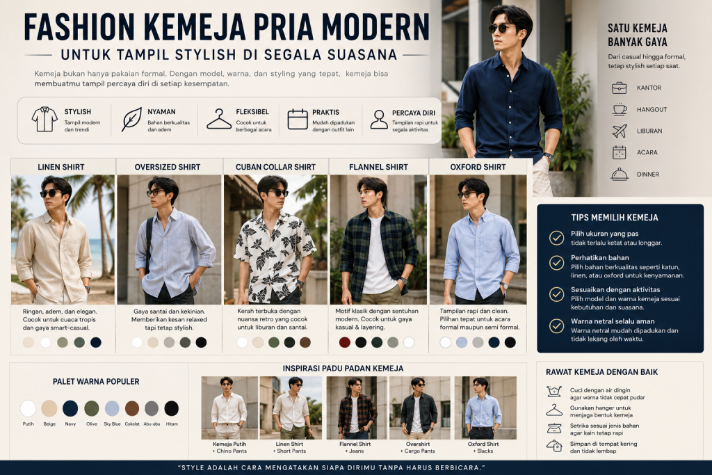 Pria mengenakan berbagai model kemeja modern seperti linen shirt, oversized shirt, flannel shirt, dan oxford shirt untuk gaya fashion casual dan smart-casual.