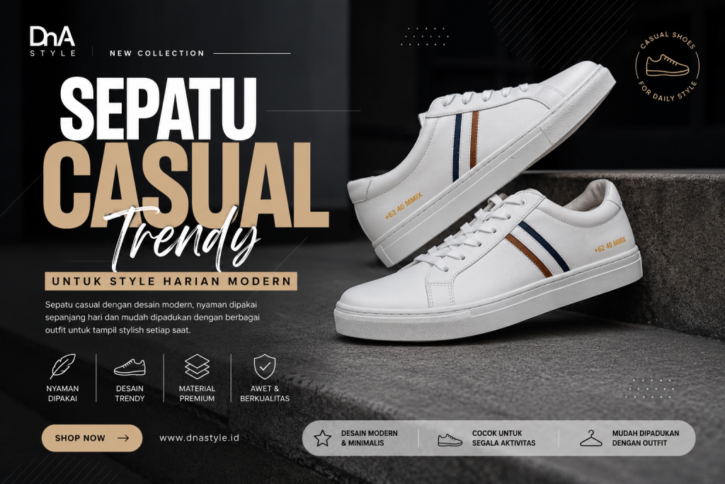 Sepatu casual putih modern dengan desain minimalis dan garis aksen biru coklat untuk style harian trendy